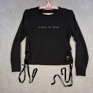 Peace Love World Womens Black Crazy in Love Crop Sweatshirt Side Tie Bows